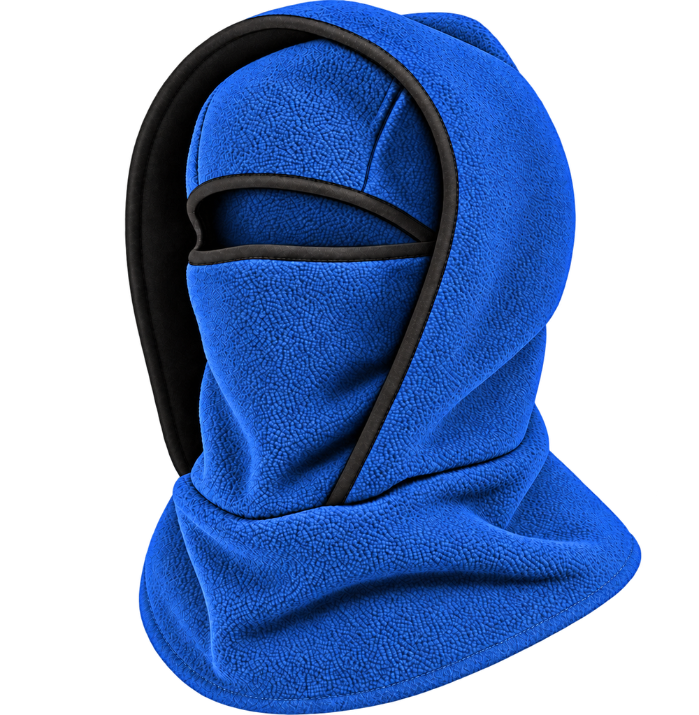 Cagoule Frimaire Bleu, portée en capuche et masque