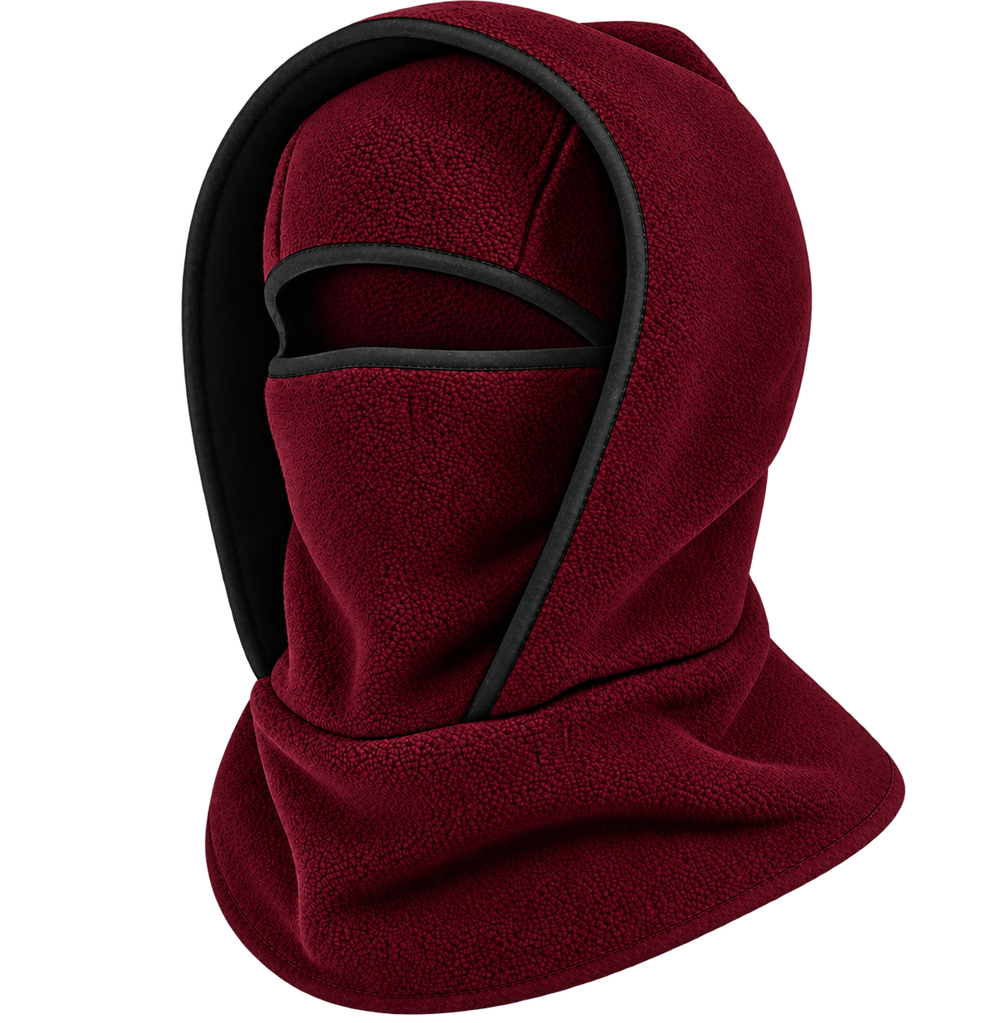 Cagoule Frimaire Bordeaux, portée en capuche et masque