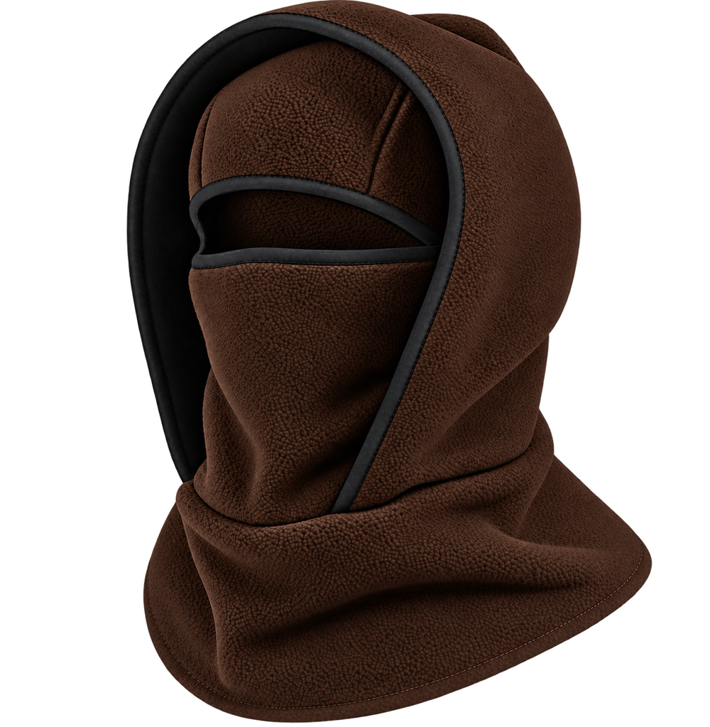 Cagoule Frimaire Marron, portée en capuche et masque